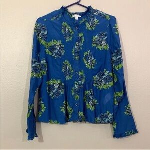Lucky Brand Blue Green Floral Print Long Sleeve Button Front Blouse Size Small